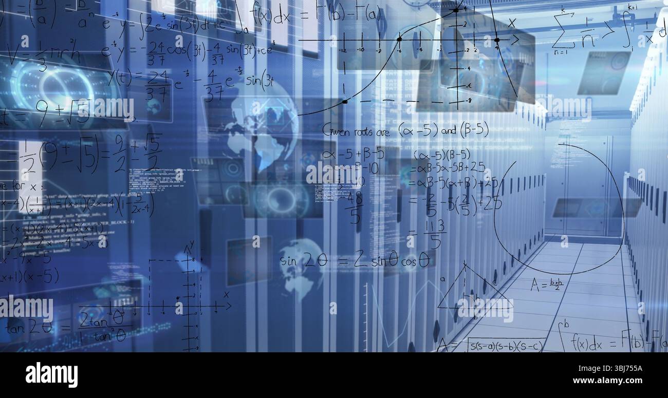 Walking central aisle displaying floating equations, data graphs at data center, with server racks Stock Photo