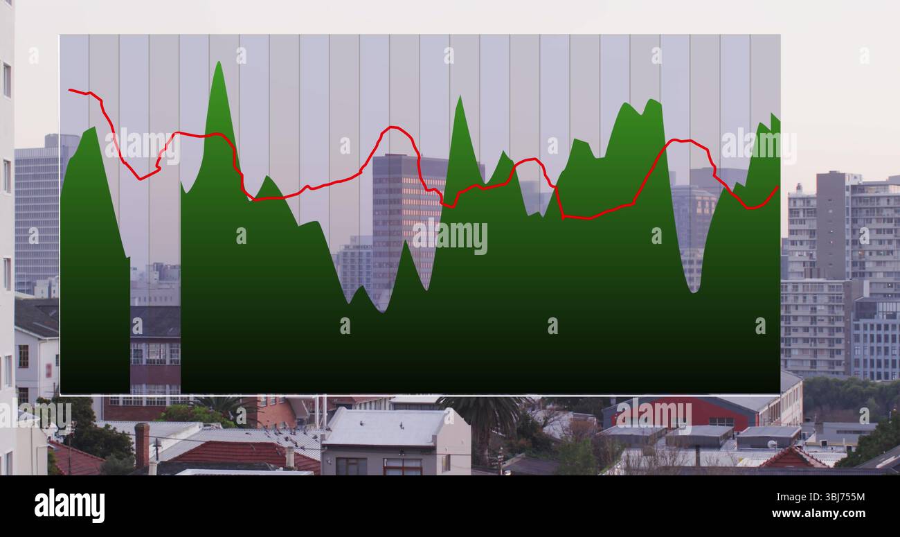 Displaying translucent chart overlay spanning rooftop view, with green areas, red line, grid lines Stock Photo