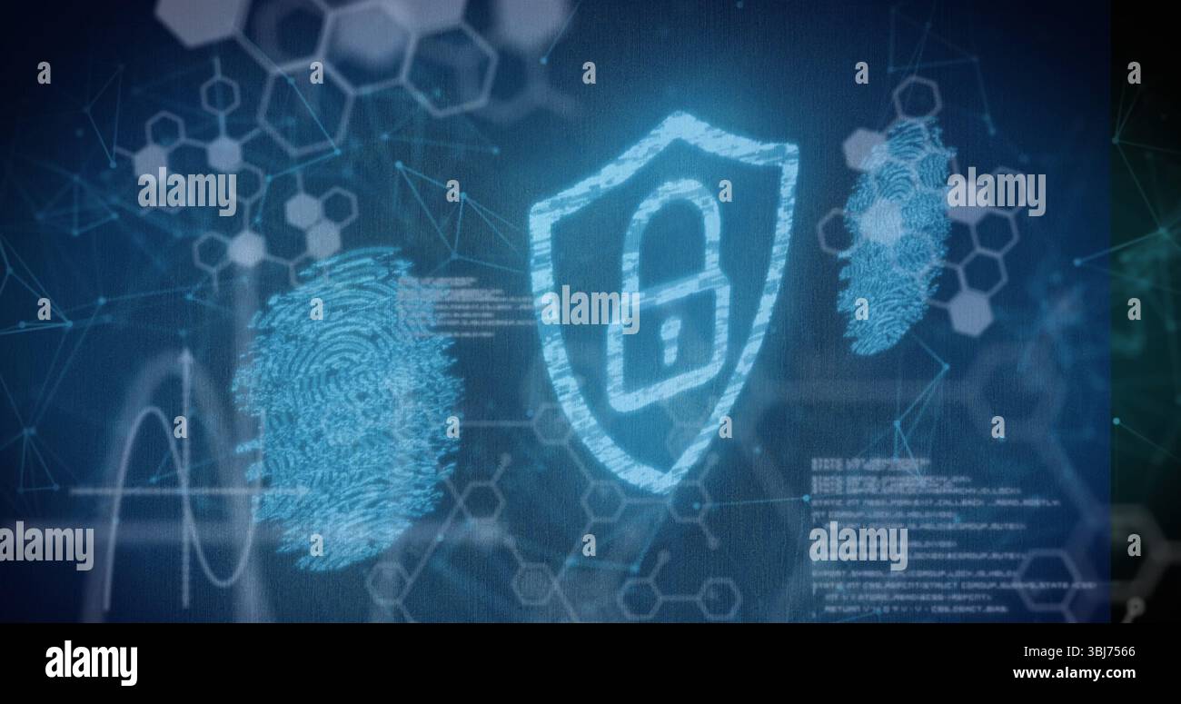 Displaying chalk-style shield with padlock on virtual security interface, with fingerprint patterns Stock Photo