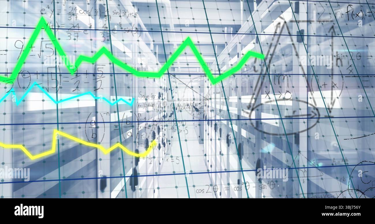 Displaying data center corridor featuring server racks and LED lights, formula grid and neon graphs Stock Photo