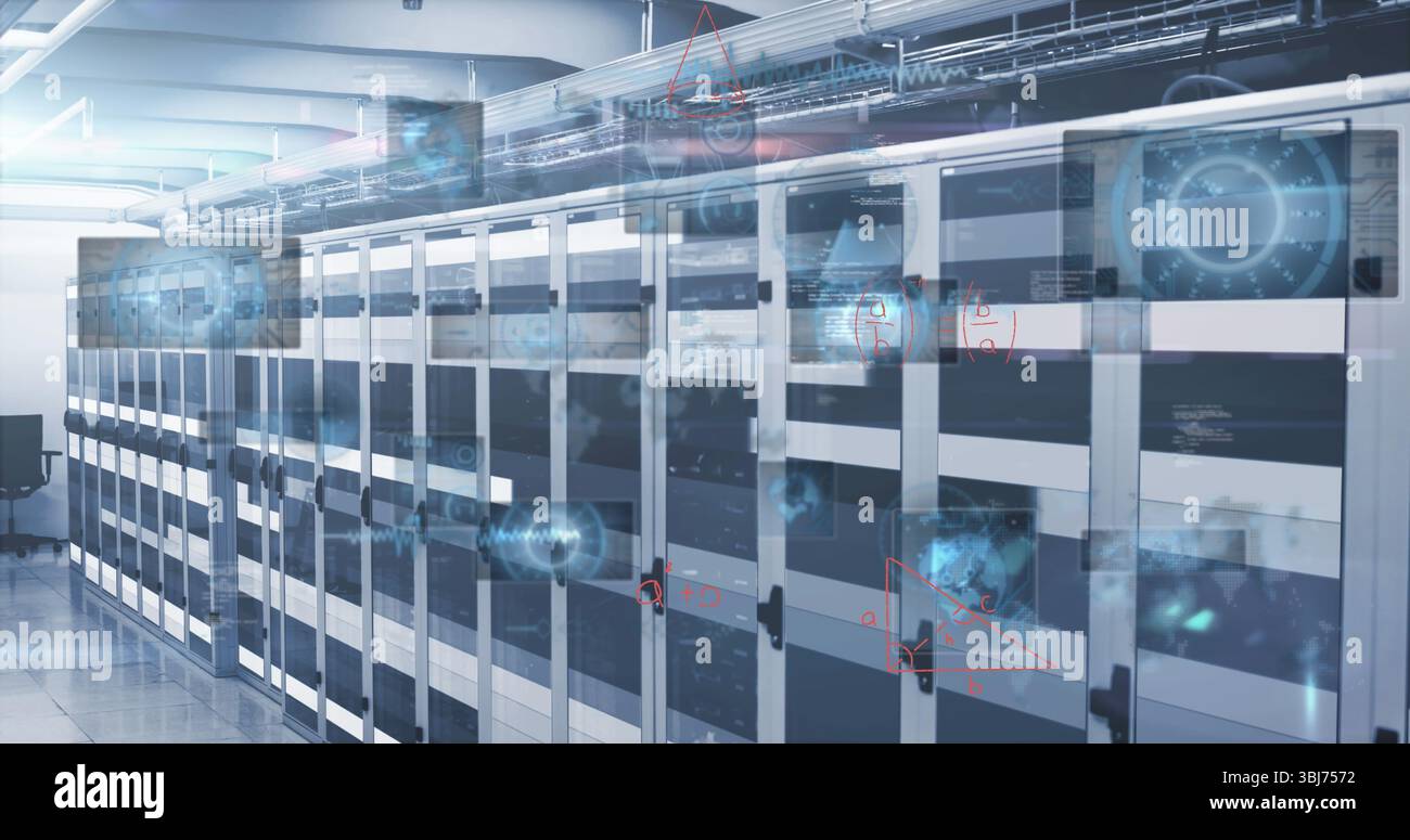 Lining server cabinets displaying holographic data in data center aisle, with network cables Stock Photo