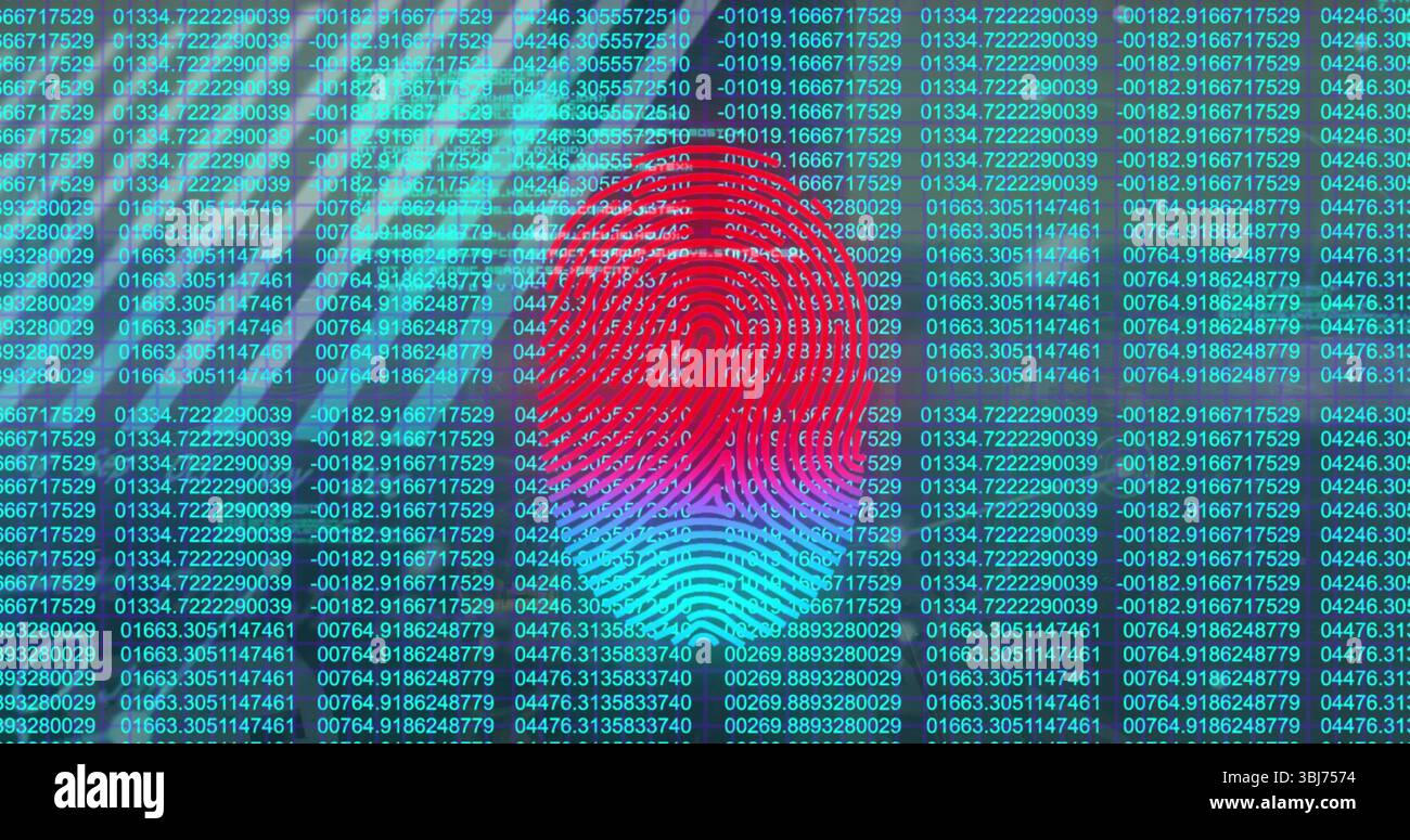 Displaying digital fingerprint graphic pulsing on computer screen, with green numeric code streams Stock Photo
