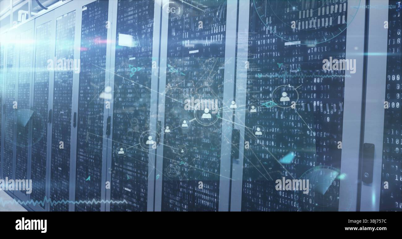 Displaying glass server cabinets projecting binary code and network icons with LEDs in server room Stock Photo