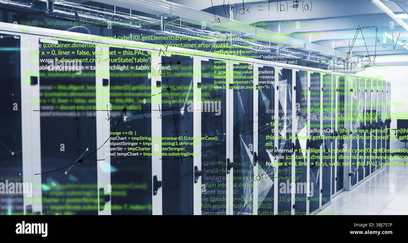 Displaying server racks processing data in modern data center, with network cables and code overlay Stock Photo