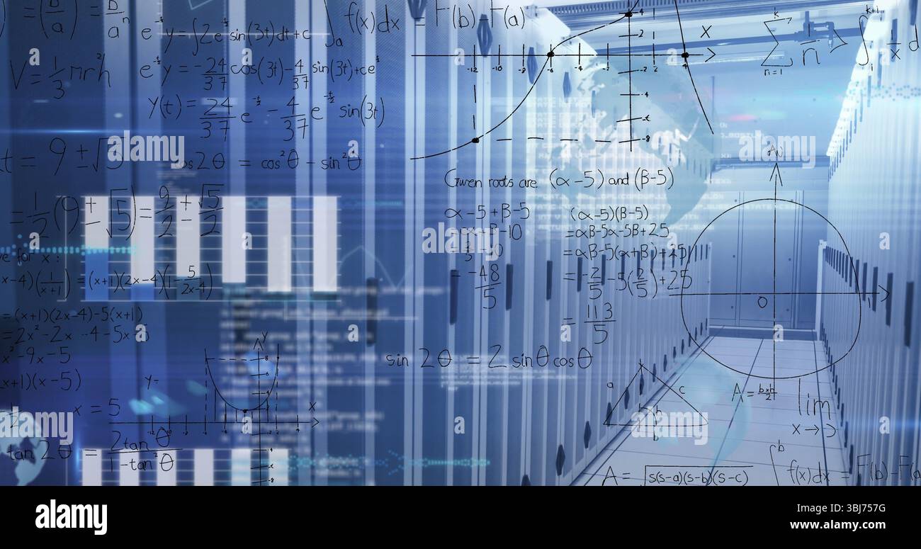Visualizing server racks glowing under blue lights in data center corridor, with equations overlay Stock Photo