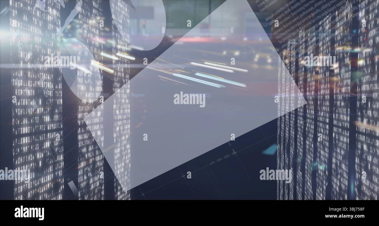 Moving clear trapezoid floating on grid plane in network space with binary panels and light trails Stock Photo