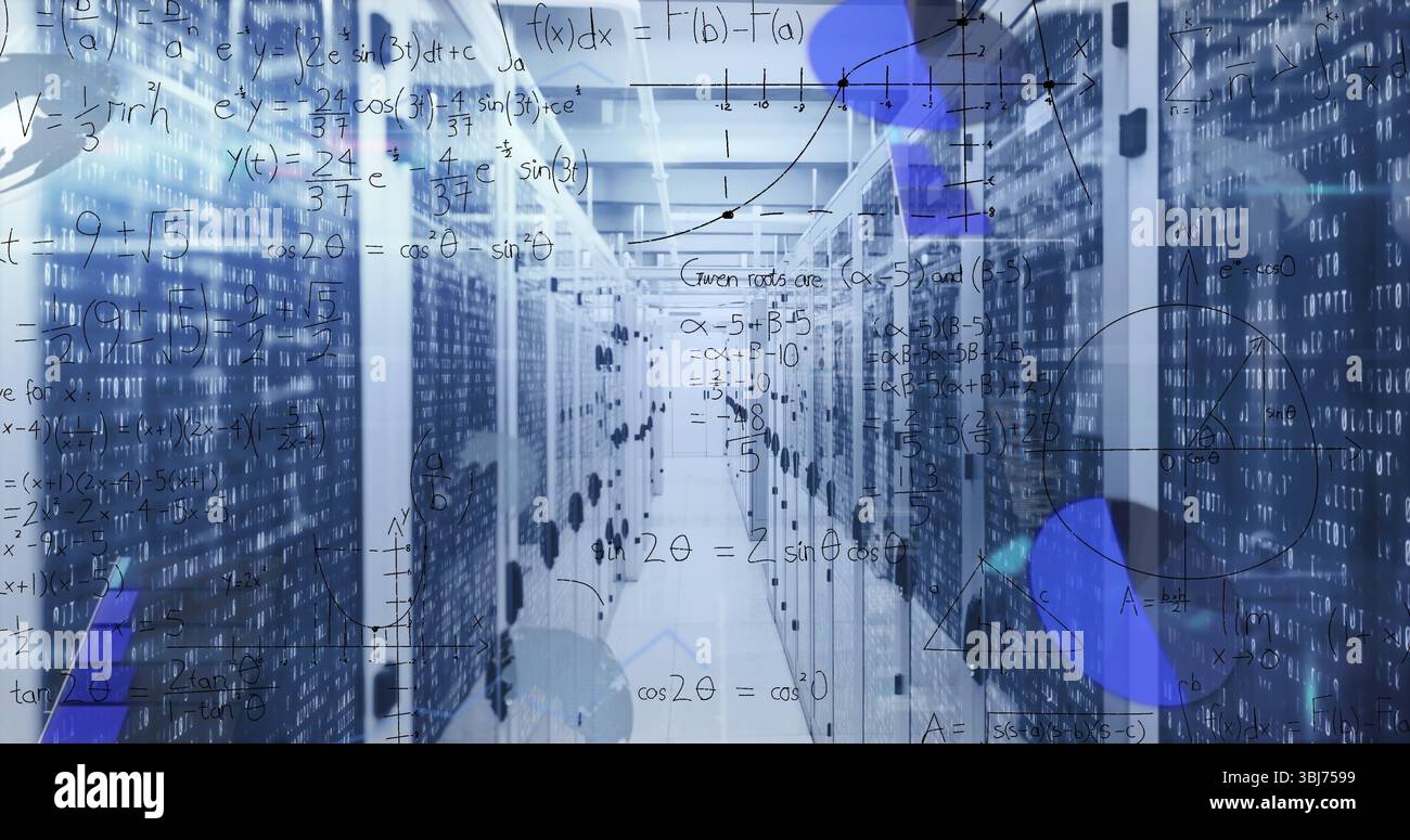 Showcasing central corridor running between server racks on raised floor tiles, floating equations Stock Photo