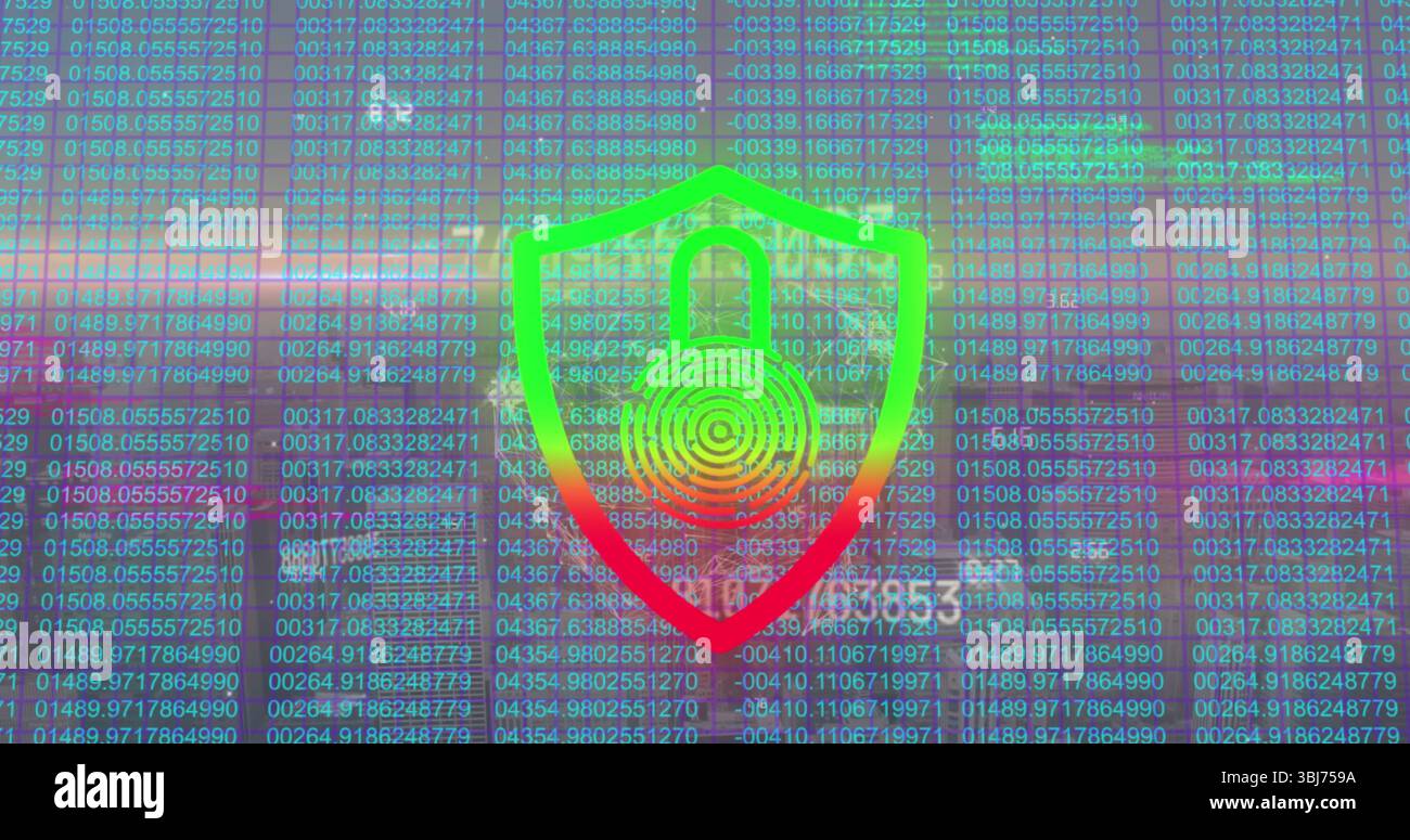 Glowing neon-gradient shield icon showing padlock hovering over data dashboard, with scrolling code Stock Photo