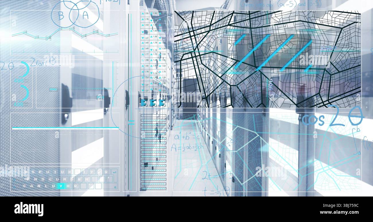 Displaying data center corridor with server racks, cables, projecting holographic overlays Stock Photo