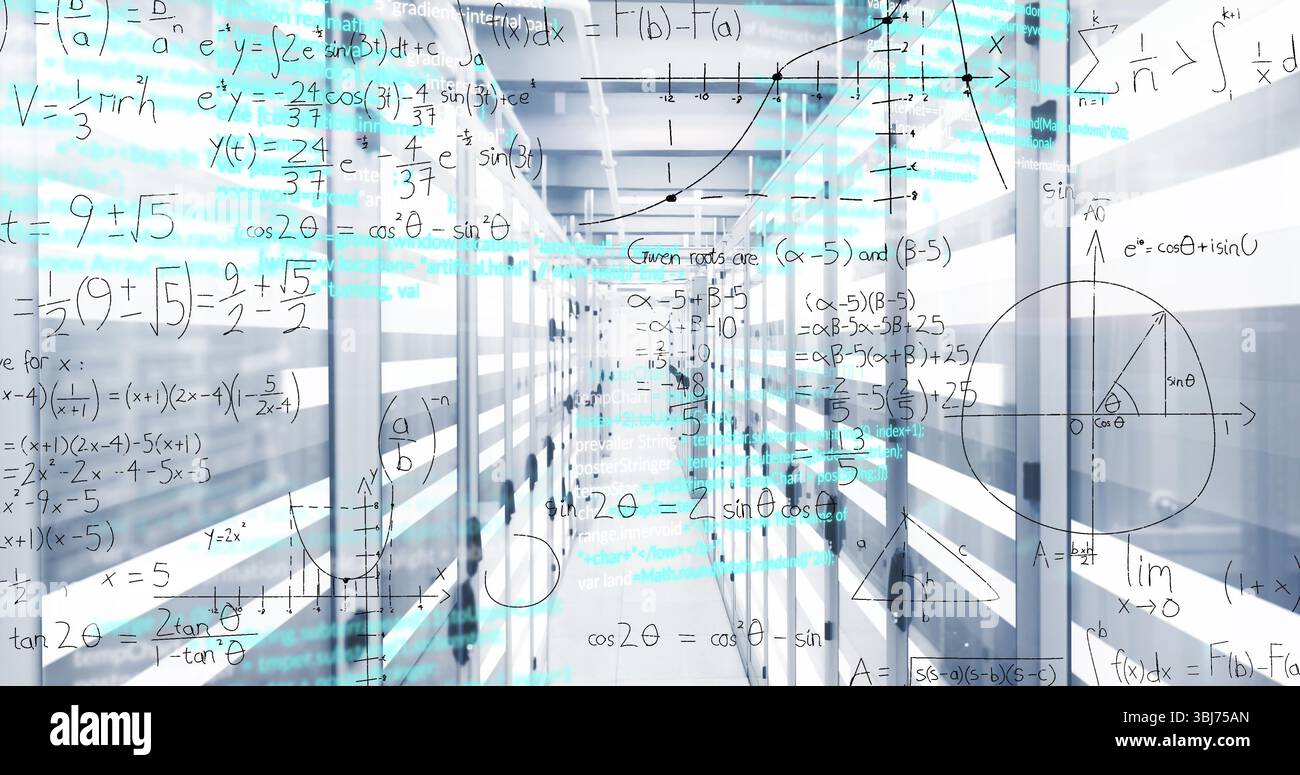 Server rack corridor glowing in data center, displaying network switches, equations and graphs Stock Photo