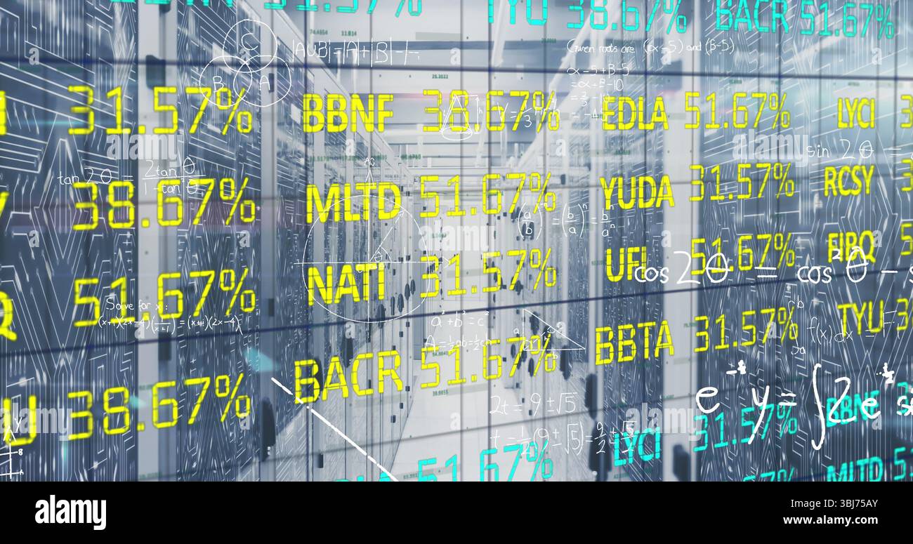 Displaying high-tech data center corridor reflecting floating stock tickers, with server racks Stock Photo