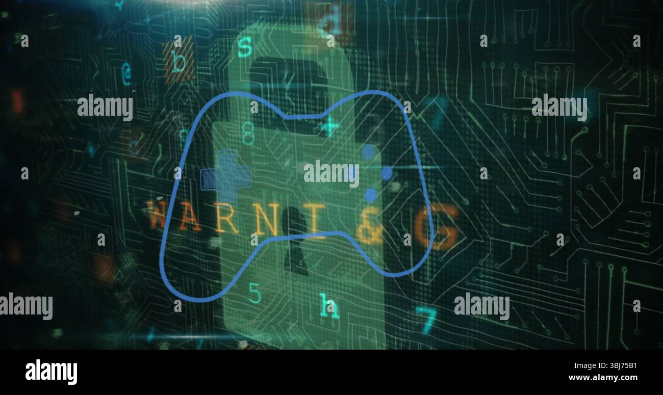 Displaying green padlock hovering over circuit traces, wireframe gamepad and glitching WARNING text Stock Photo