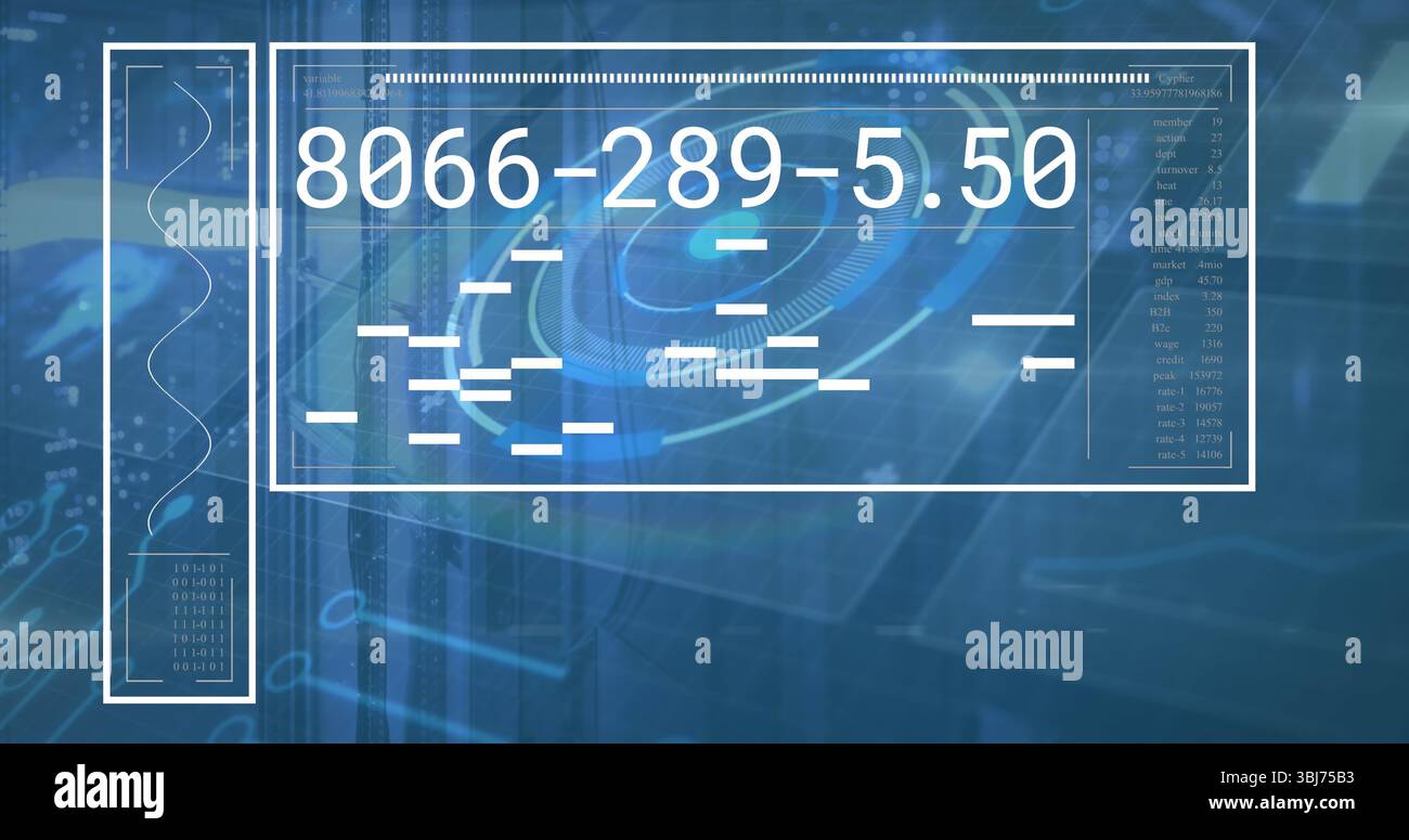 Displaying interface panel over data streams in control room, with numeric display, radar graphic Stock Photo