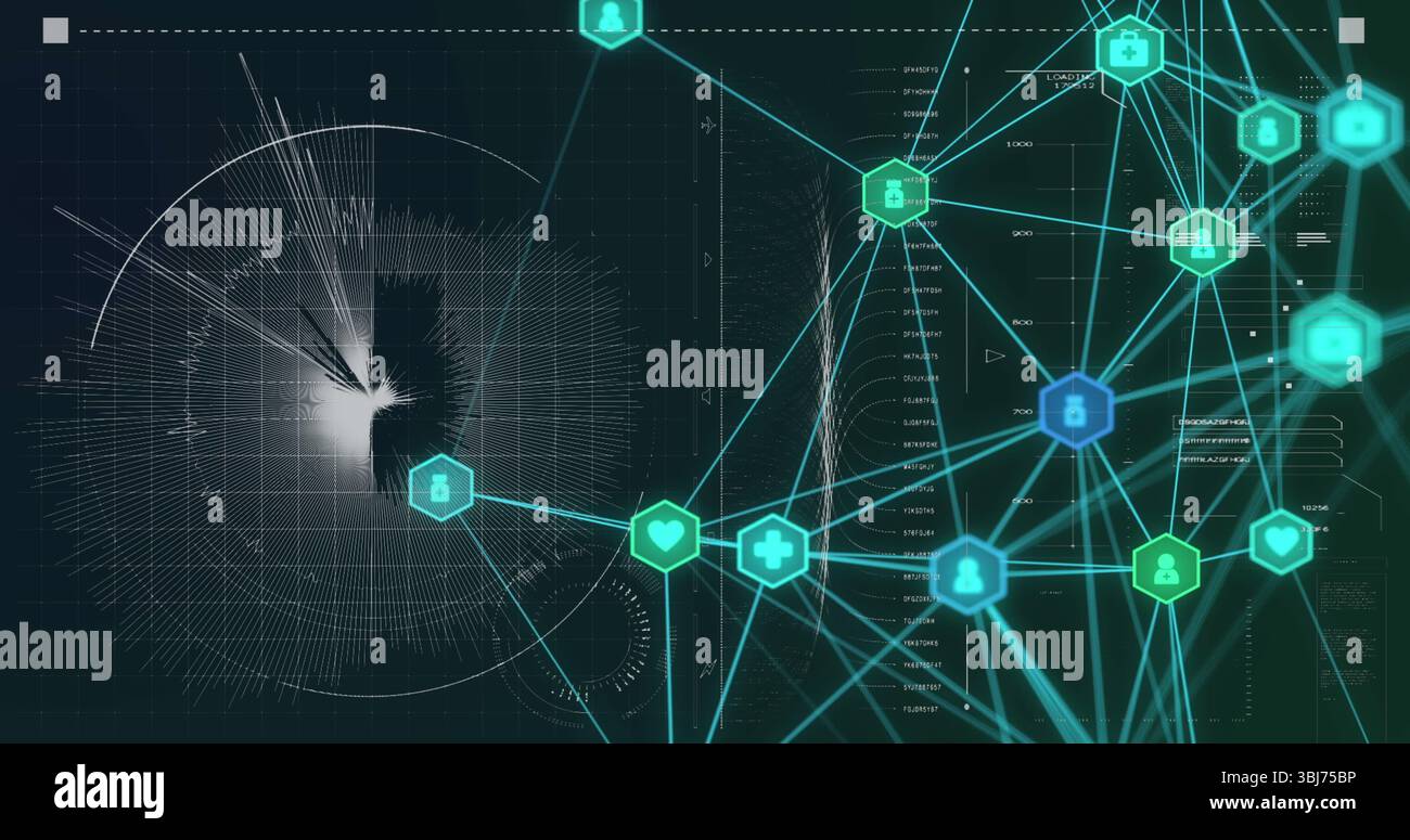 Displaying hexagonal icon nodes flowing data with glowing lines over grid on display, copy space Stock Photo