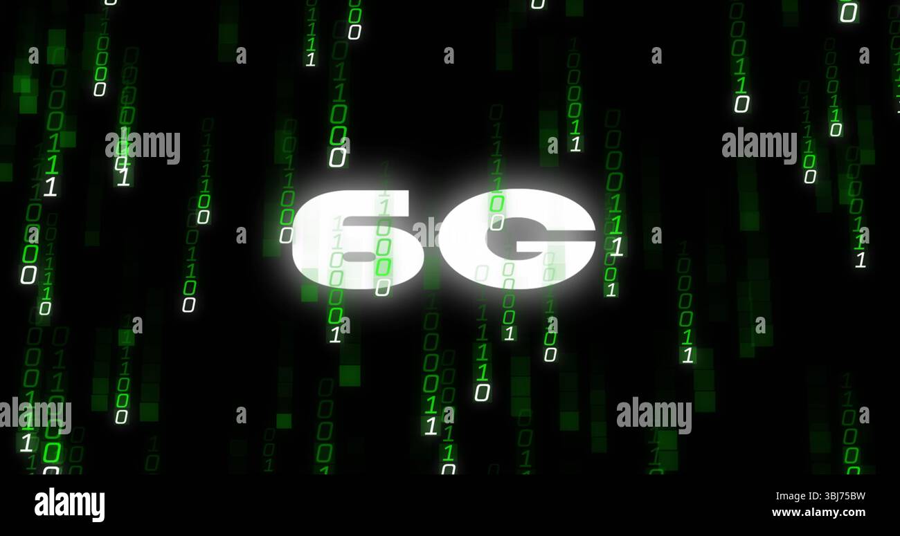 Streaming green binary digits cascading across virtual network background, with glowing 6G label Stock Photo