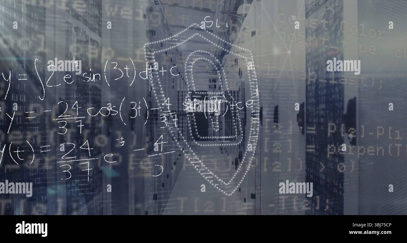 Walking IT technician navigating server rack corridor with floating code and padlock shield overlay Stock Photo