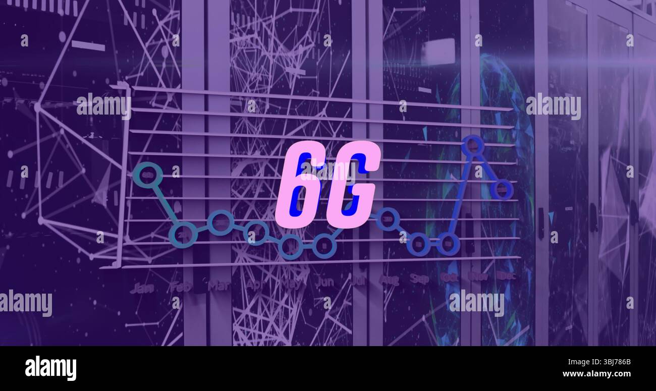 Displaying 6G graphic over line chart in data center aisle, with server racks, network visuals Stock Photo