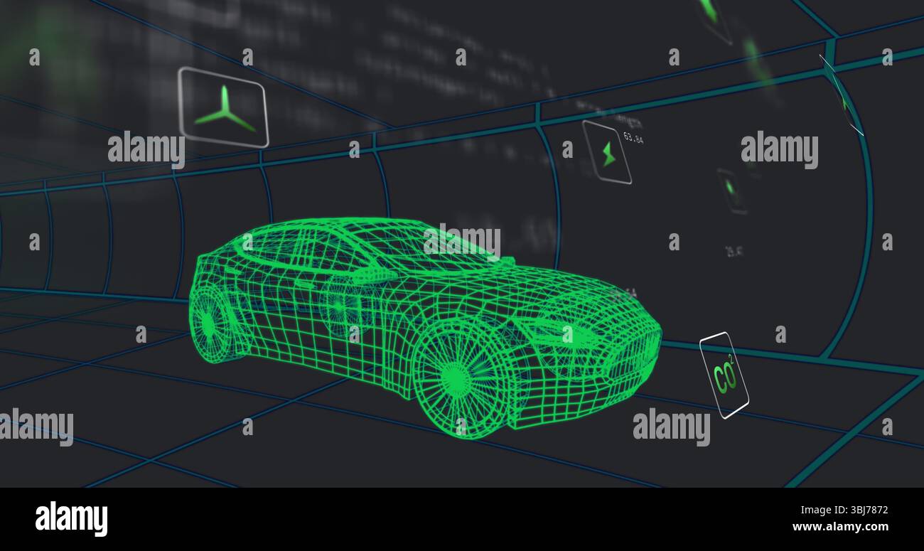 Displaying neon green wireframe sedan model in dark grid chamber, with floating digital CO? panels Stock Photo
