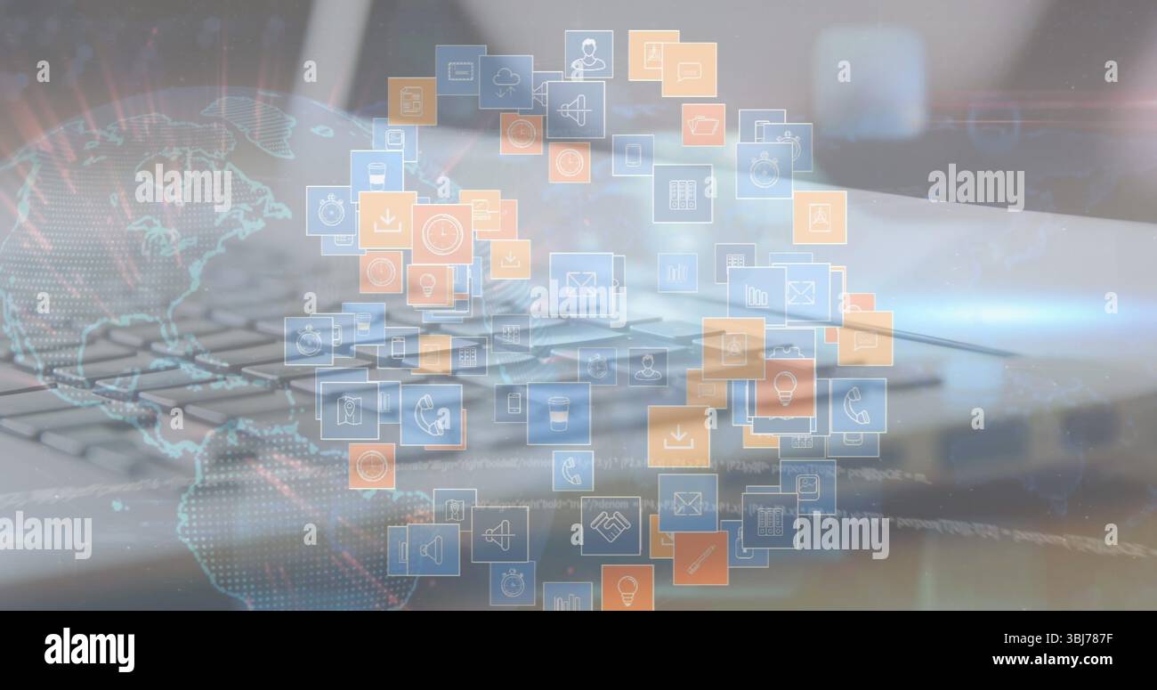 Floating digital icons forming circular cluster at desk, with laptop ...
