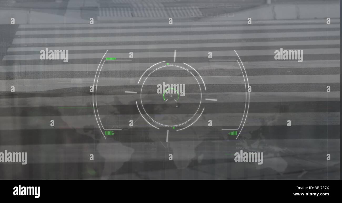 Displaying central HUD reticle hovering above urban crosswalk interface, with world map projection Stock Photo