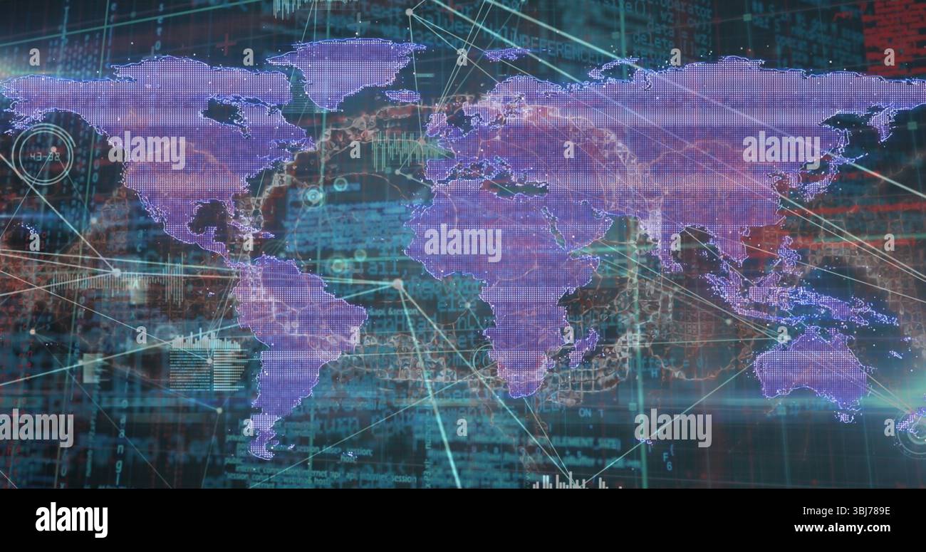 Displaying world map linking continents on digital interface, with code streams, charts and nodes Stock Photo