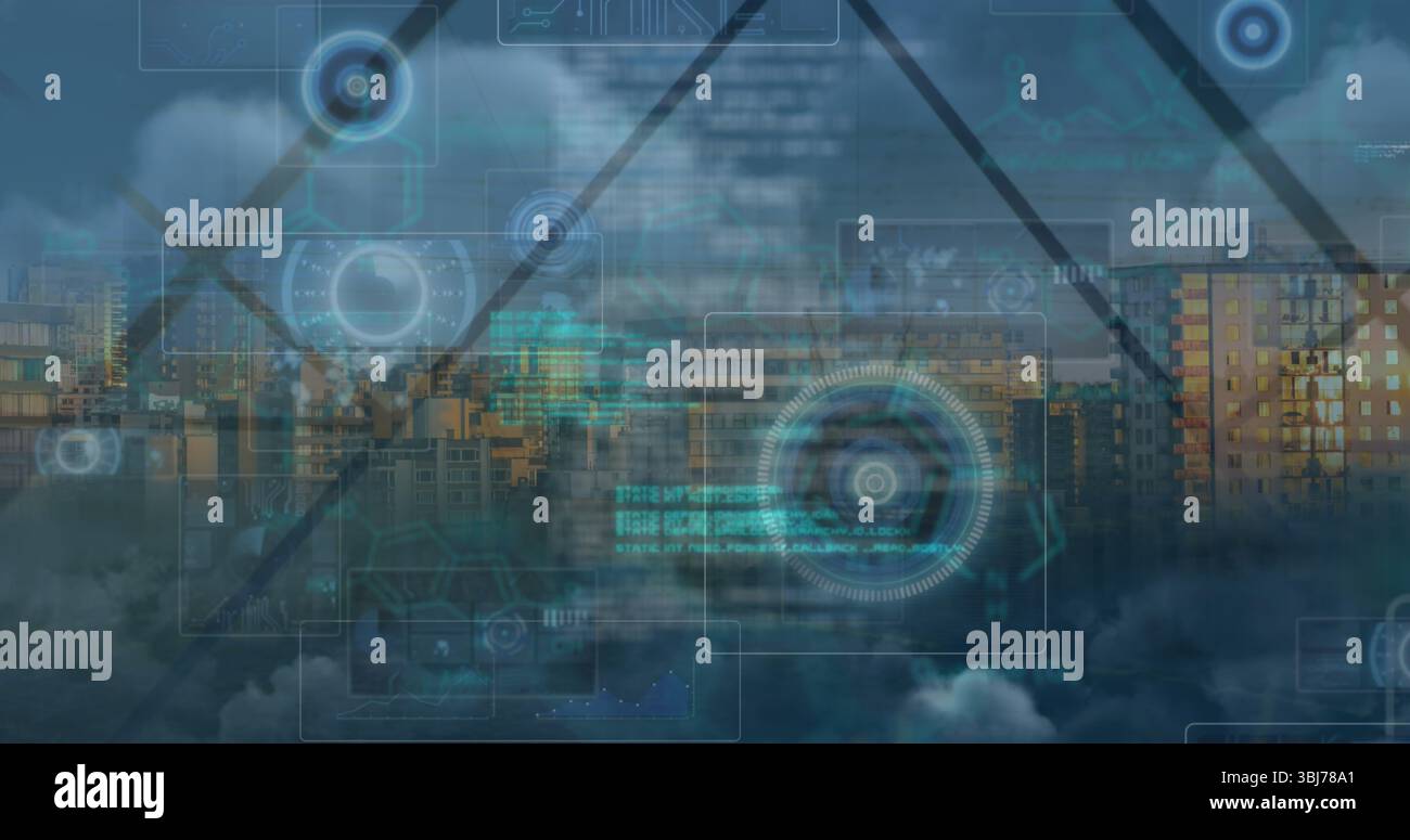 Displaying augmented city skyline at dusk, with circular data ...