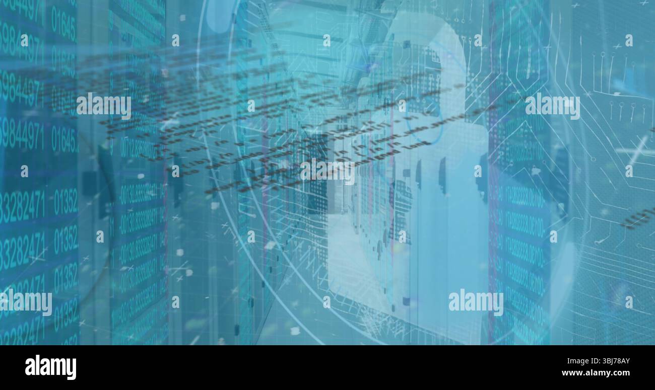 Translucent padlock floating in server rack corridor, with binary code overlays and circuit lines Stock Photo