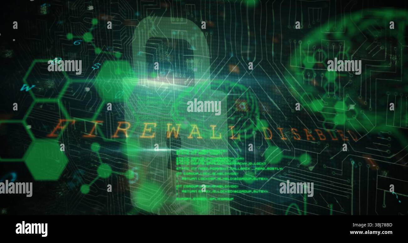 Displaying security dashboard on screen, showing padlock icon with firewall disabled and code lines Stock Photo