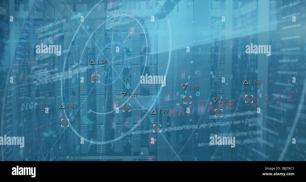 Monitoring server cabinets displaying digital overlay in data center, with malware alert text Stock Photo