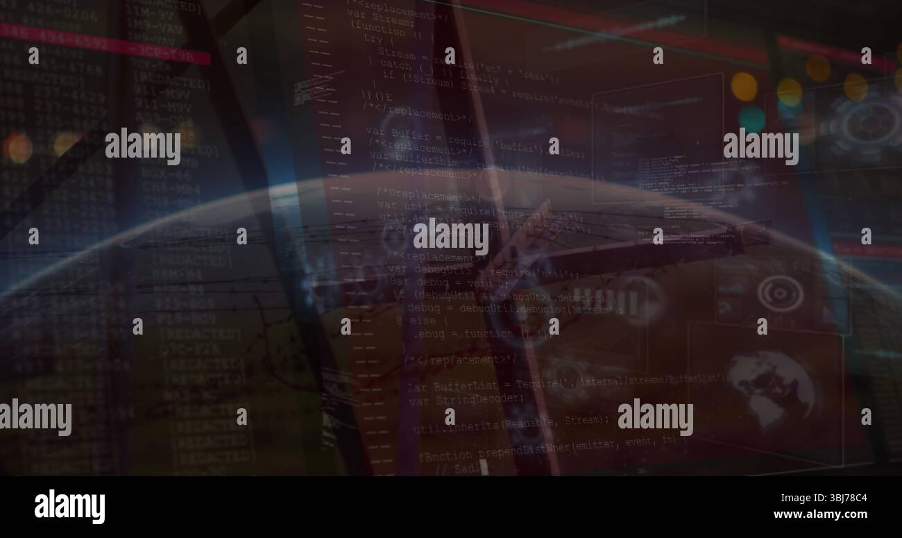 Displaying semitransparent code overlay inside cockpit, revealing Earth horizon and status lights Stock Photo