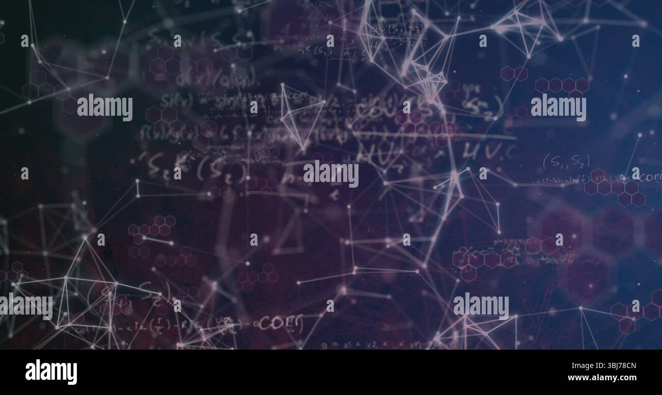 Displaying glowing nodes pulsing on connecting lines in data space, with equations, code, hexagons Stock Photo