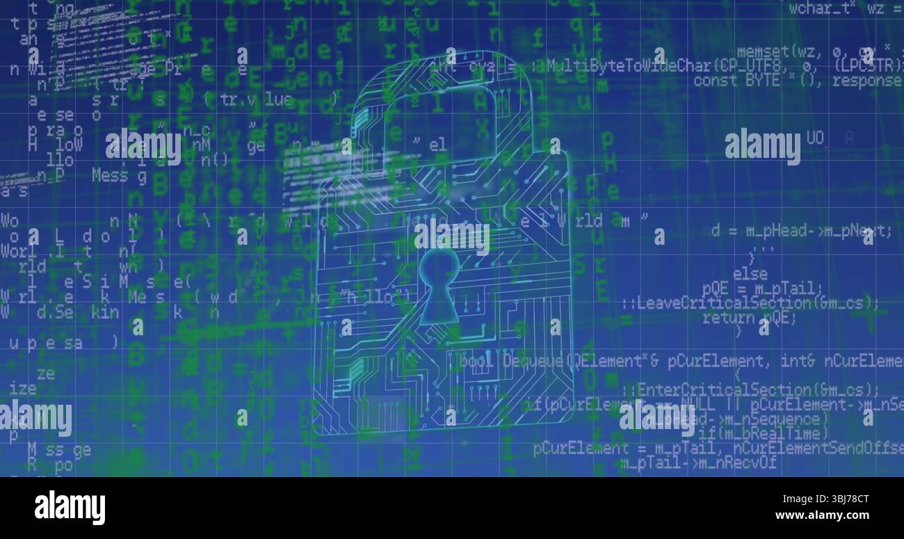 Displaying stylized padlock icon with keyhole on blue grid background ...