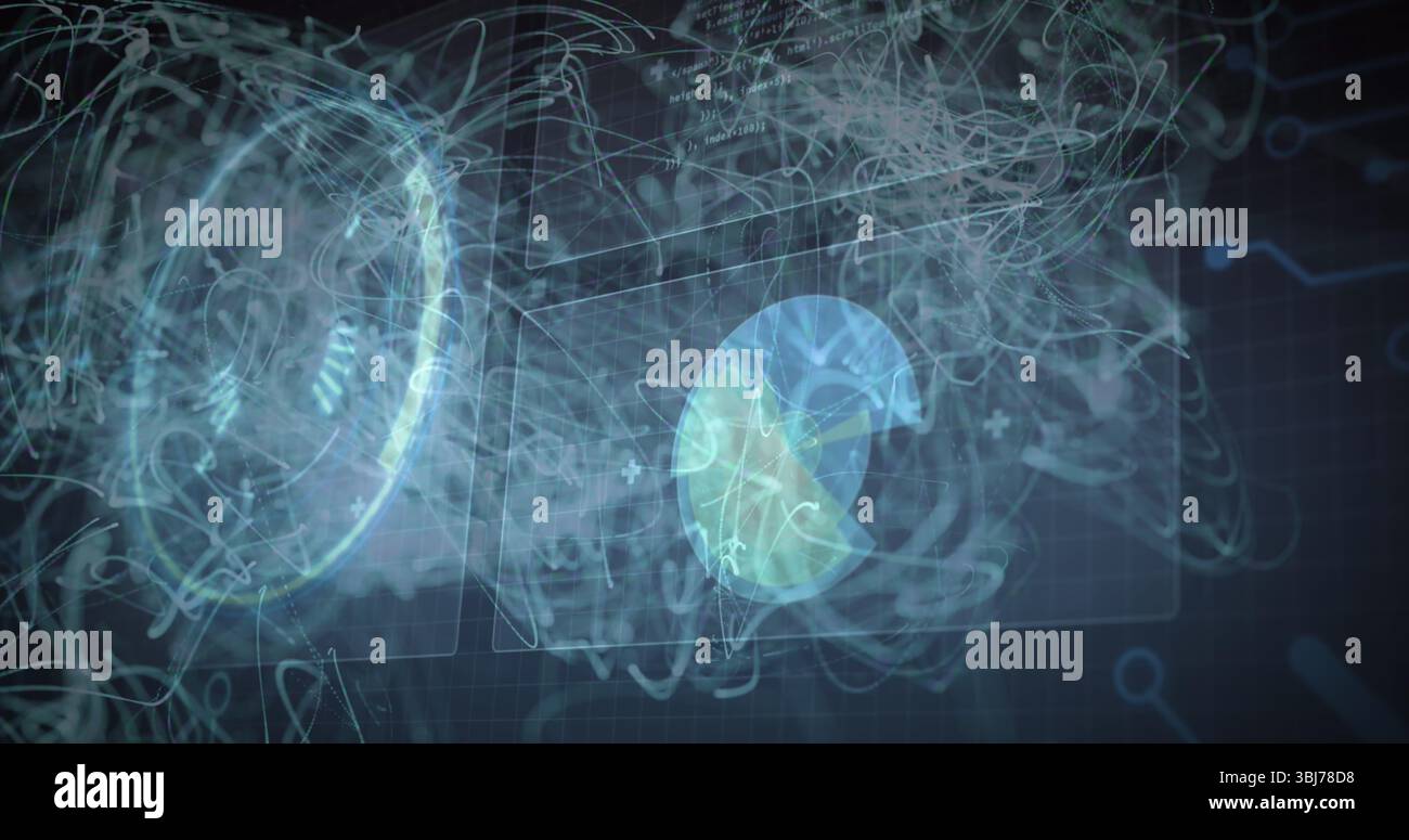 Displaying holographic circular chart floating with molecular wireframes on grid, with neon trails Stock Photo