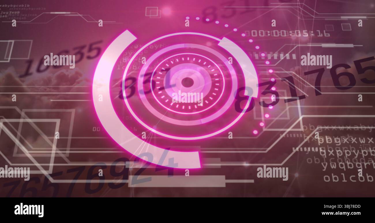 Displaying concentric gauge hovering over cloud backdrop with segmented arcs and numeric readouts Stock Photo