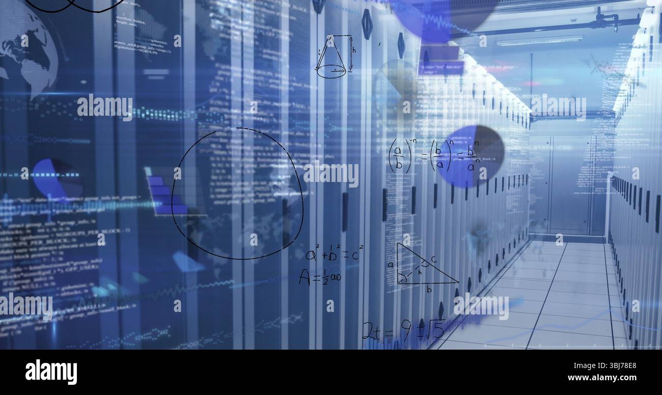 Streaming code overlays hovering over server racks in data center corridor, analytics visualization Stock Photo