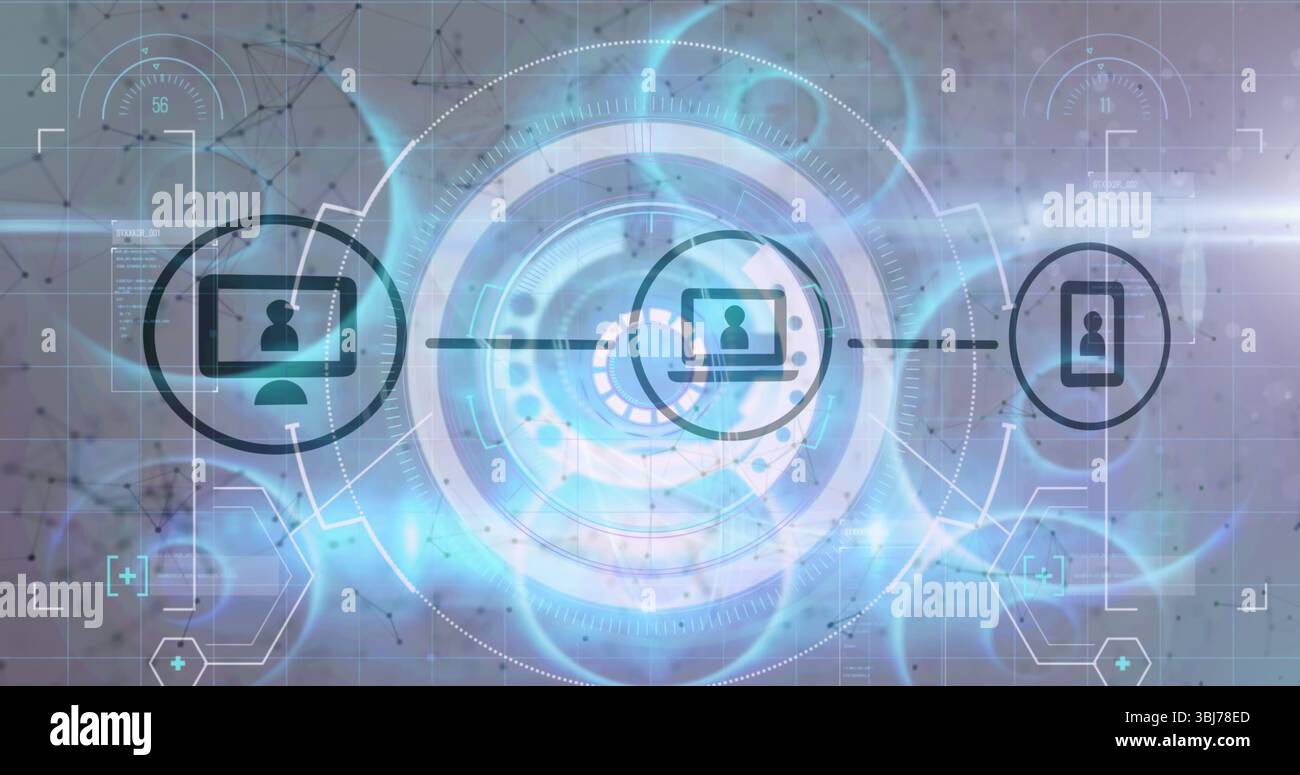 Displaying circular holographic interface in grid background with ...