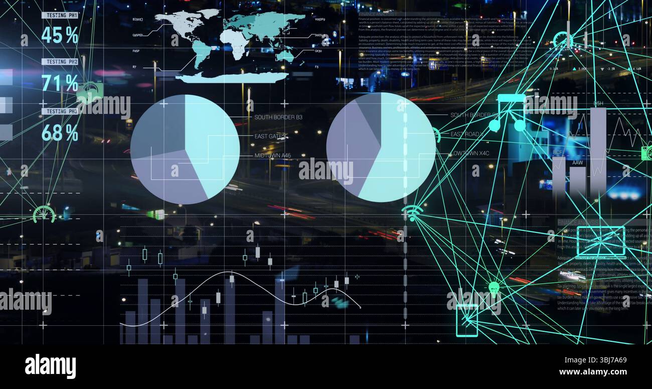 Displaying data overlay at nighttime urban highway showing pie charts ...