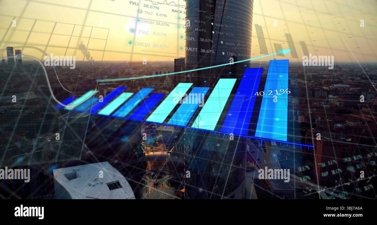 Displaying translucent 3D bar chart rising over skyscraper skyline at dusk, with line graph overlay Stock Photo