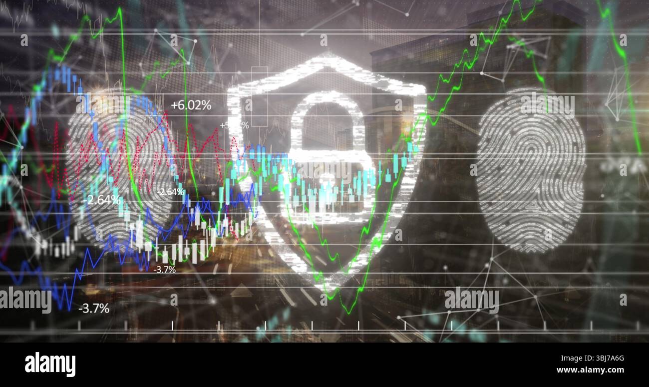 Displaying padlock shield icon securing bank data over skyline ...