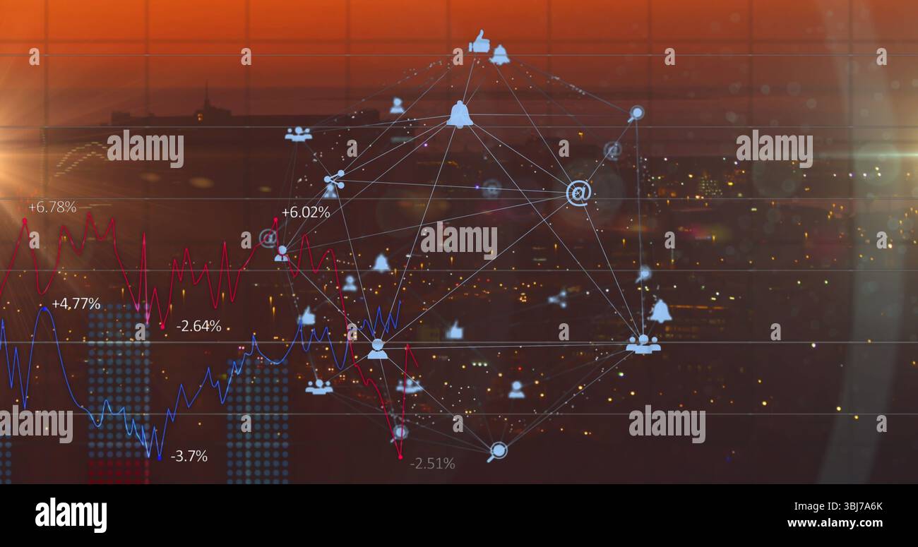 Displaying network graph overlay tracing changing data over city ...