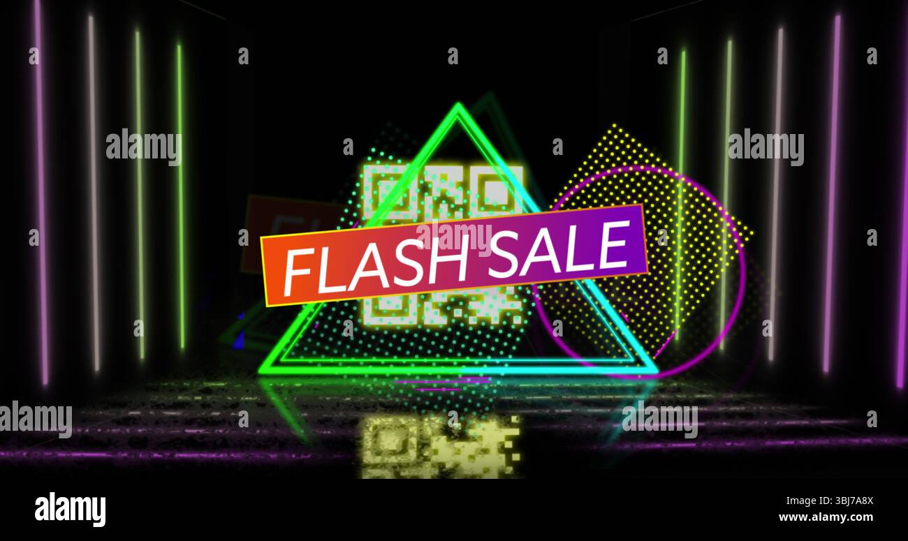 Displaying multicolored FLASH SALE banner in neon green triangle on stage, with pixelated QR code Stock Photo