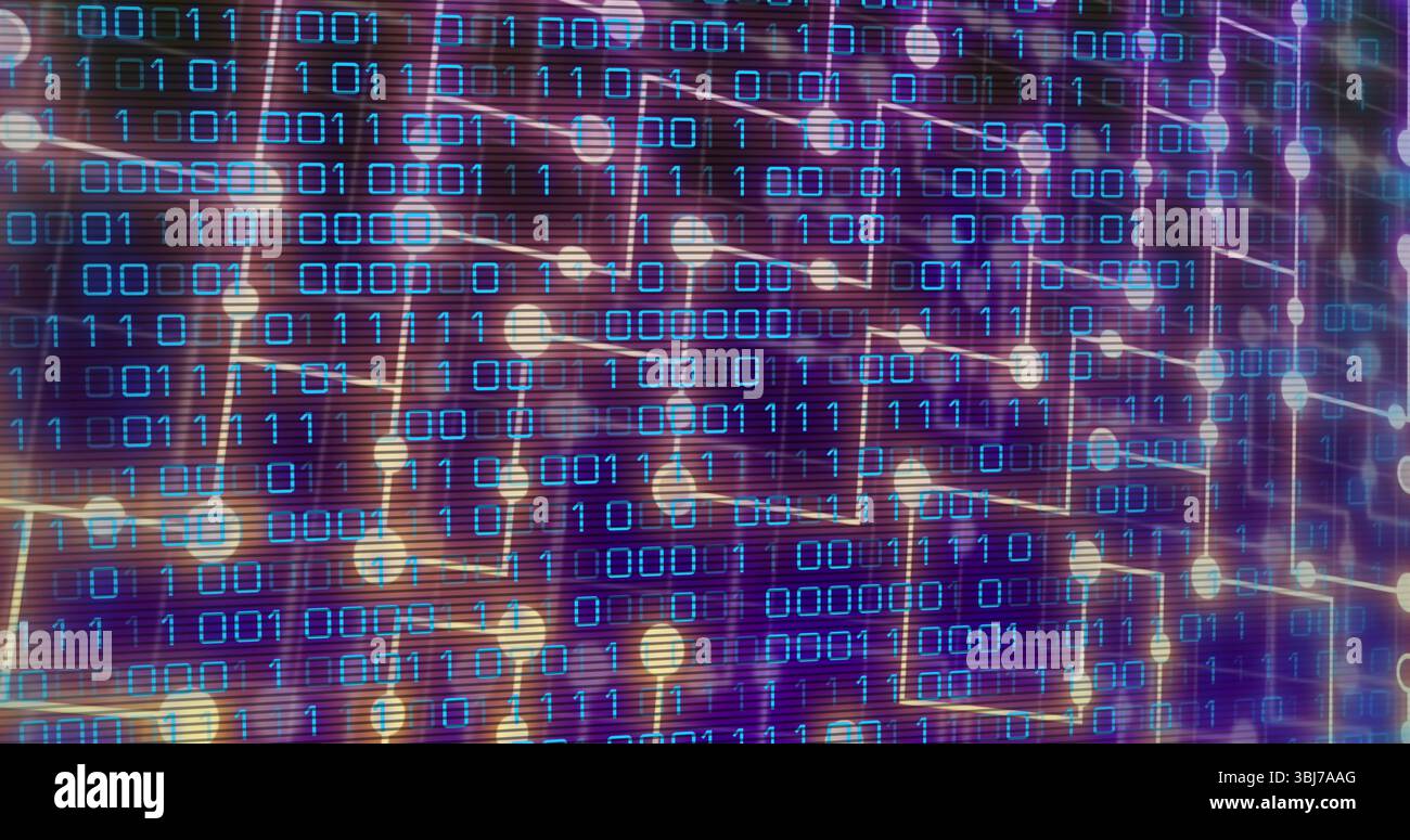 Streaming digital network unfolding on dark purple background, with binary code and glowing nodes Stock Photo