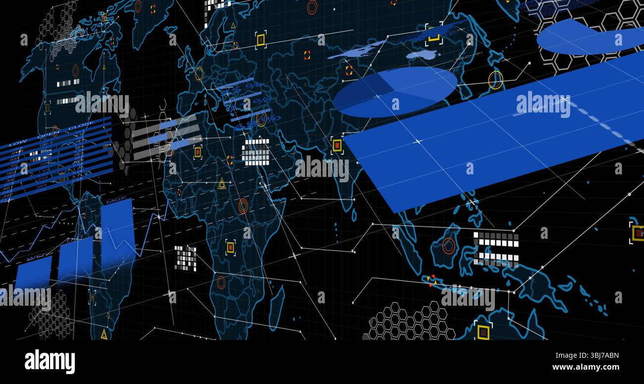 Showing futuristic world map presenting 3D data visuals in analytics interface, with neon panels Stock Photo