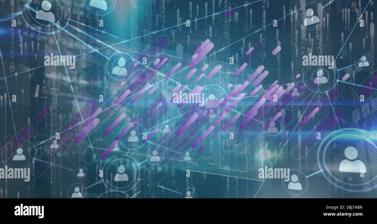 Displaying central user icon nodes connecting across digital interface, with violet teal streams Stock Photo