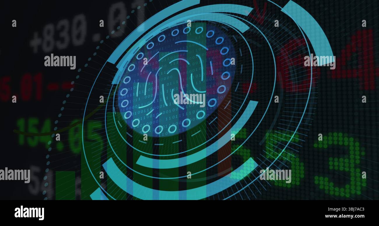Displaying fingerprint icon circulating within concentric rings on dark grid, with green-red data Stock Photo