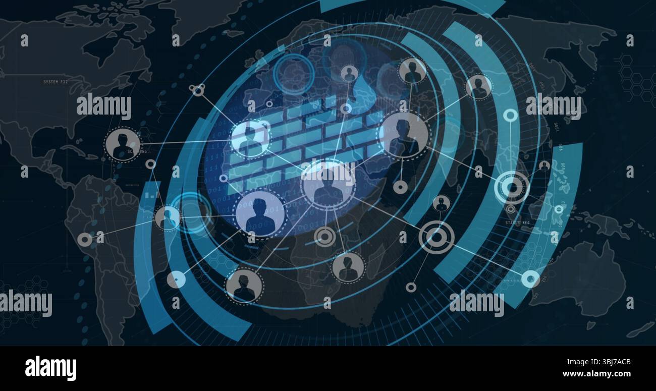 Displaying digital network interface overlaying world map, showing firewall icon and user nodes Stock Photo