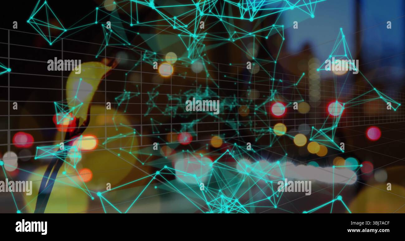 Glowing turquoise network mesh pulsing across nighttime city street, with yellow duck silhouette Stock Photo