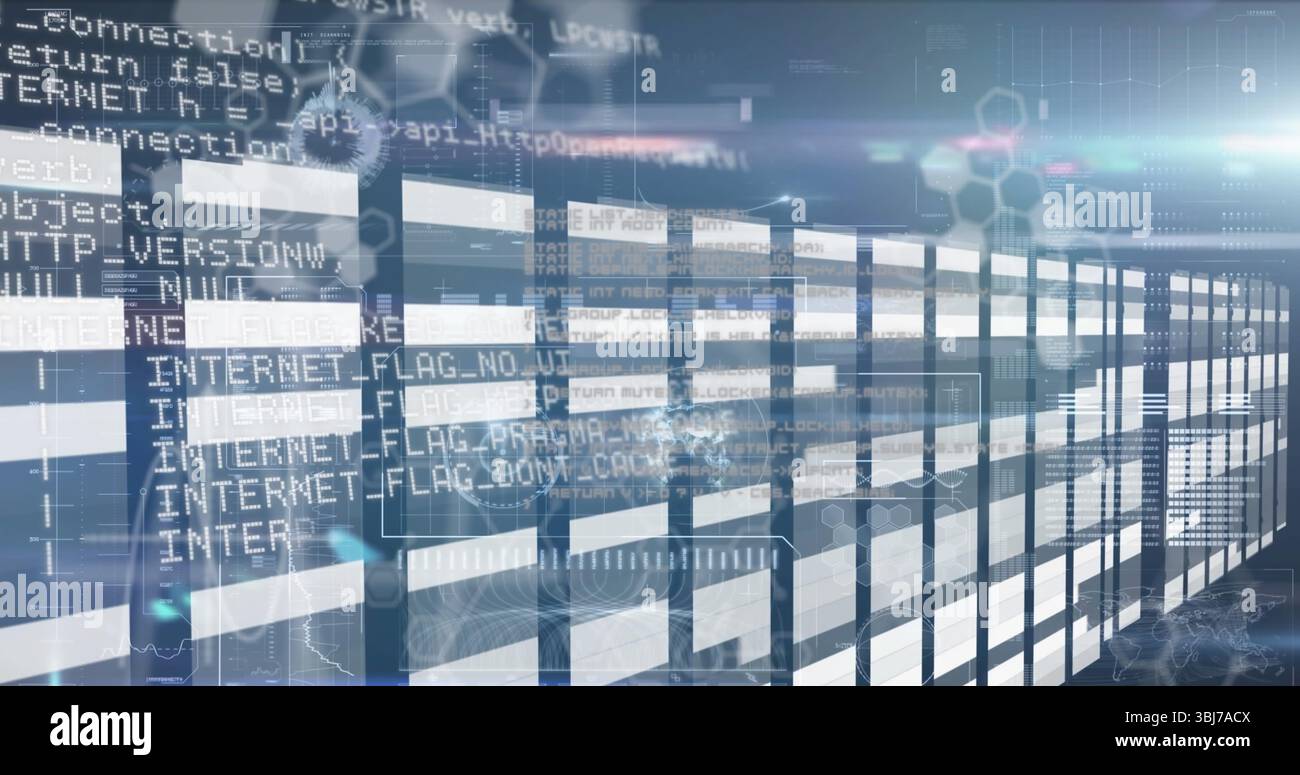 Displaying data corridor extending into virtual matrix with glowing code text and diagrams Stock Photo