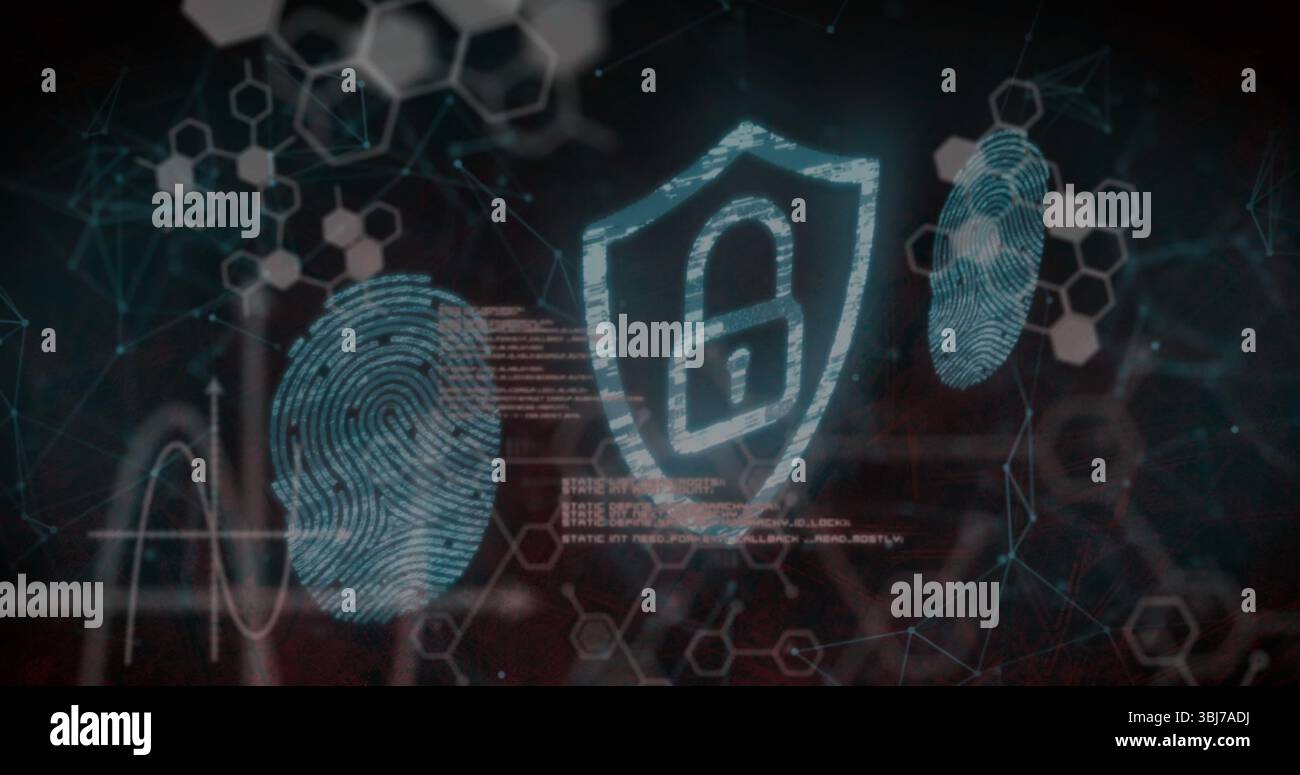 Displaying padlock icon on digital interface, with glowing fingerprint scans and hex patterns Stock Photo