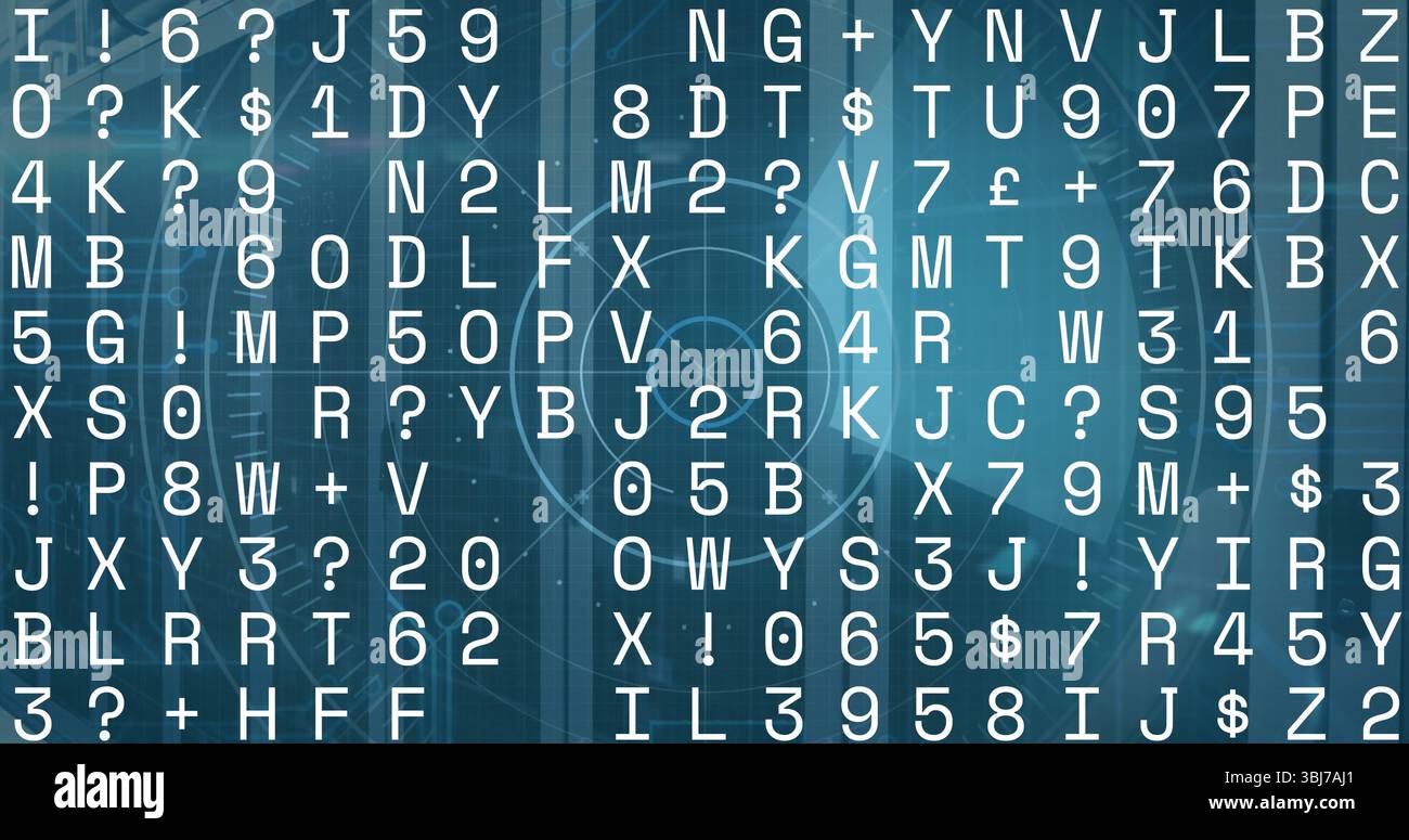 Displaying centered grid of white alphanumeric symbols on blue data interface, with HUD elements Stock Photo